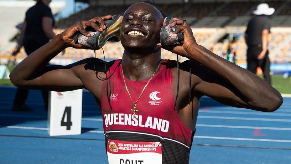 Gout Gout celebrates after winning the race (Instagram | Tigers Athletics Club)
