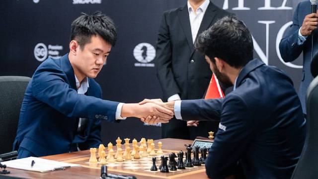  Gukesh and Ding Liren hold  to a draw. (FIDE via Maria Emelianova)