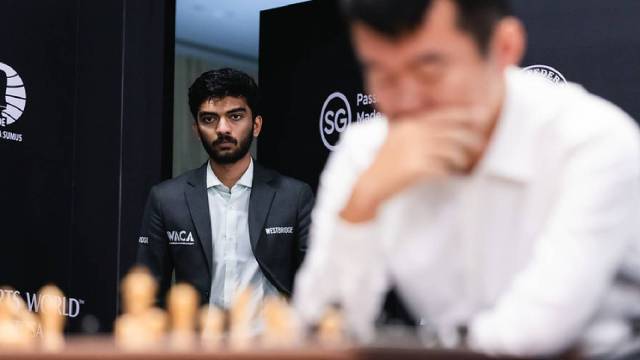 Gukesh stunned champion Ding Liren in Game 11 of the World Chess Championship on Sunday. (FIDE via Eng Chin An)