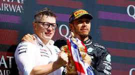 Lewis Hamilton shared an emotional radio exchange with race engineer Bono and team Principal Toto Wolff. (Reuters)