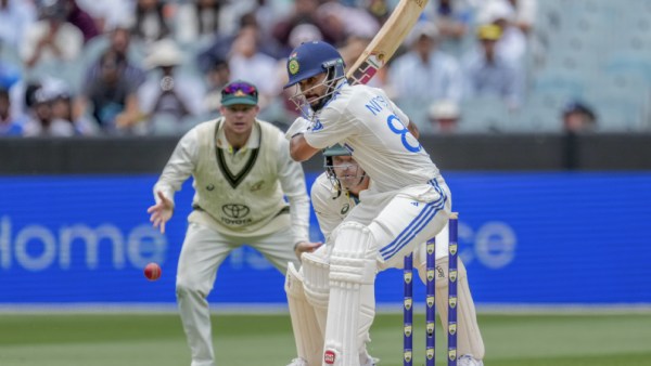 India's Nitish Kumar Reddy plays a shot during play on the third day of the fourth cricket test between Australia and India at the Melbourne Cricket Ground, Melbourne, Australia. (AP)