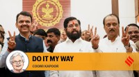 Opinion2_1st-Dec Maharashtra Chief Minister Eknath Shinde with Deputy Chief Ministers Devendra Fadnavis and Ajit Pawar flashes victory sign during a press conference as the BJP-led Mahayuti alliance secures victory in the Maharashtra Assembly elections.(PTI Photo)