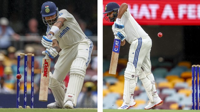 Virat Kohli bats during play on Day 3 of the third Test at the Gabba in Brisbane; India captain Rohit Sharma bats during play on Day 3. (PHOTOS: AP)