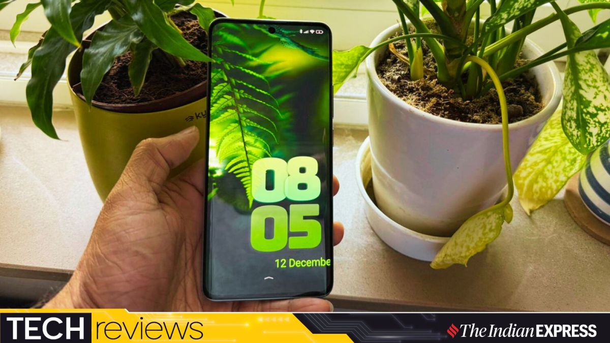The Redmi Note 14 Pro+ 5G's vivid AMOLED display with a nature-inspired wallpaper perfectly blends technology and greenery for a serene aesthetic. (Image: Nandagopal Rajan/The Indian Express)