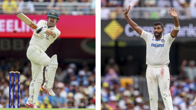 (LEFT) Travis Head plays a shot during Day 2 of the third Test between India and Australia at the Gabba; (RIGHT) Jasprit Bumrah appeals unsuccessfully for the wicket of the Australia opener. (AP Photo)