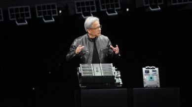 Jensen Huang, the chief executive of Nvidia, speaks at a company conference in San Jose, California on March 18, 2024.