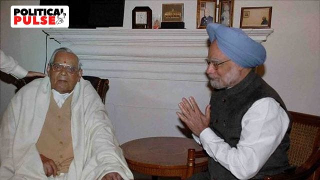 Prime Minister Manmohan Singh greets former Prime Minister and Bharatiya Janata Party (BJP) veteran Atal Bihari Vajpayee on his 85th birthday, at latter's residence in New Delhi