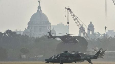 Army personnel during a rehearsal ahead of Vijay Diwas 2024 celebrations, in Kolkata, Wednesday. (PTI)