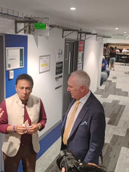 The official broadcasters also had Sunil Gavaskar and Allan Border get together for a chat in the corridor, with Border making a 2-1 prediction in favour of Australia. (Express Photo by Sriram Veera)