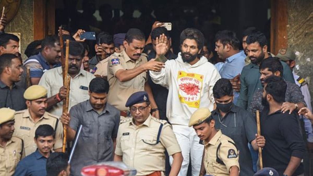 Telugu actor Allu Arjun leaves from Gandhi Hospital after a medical check-up following his arrest, in Hyderabad