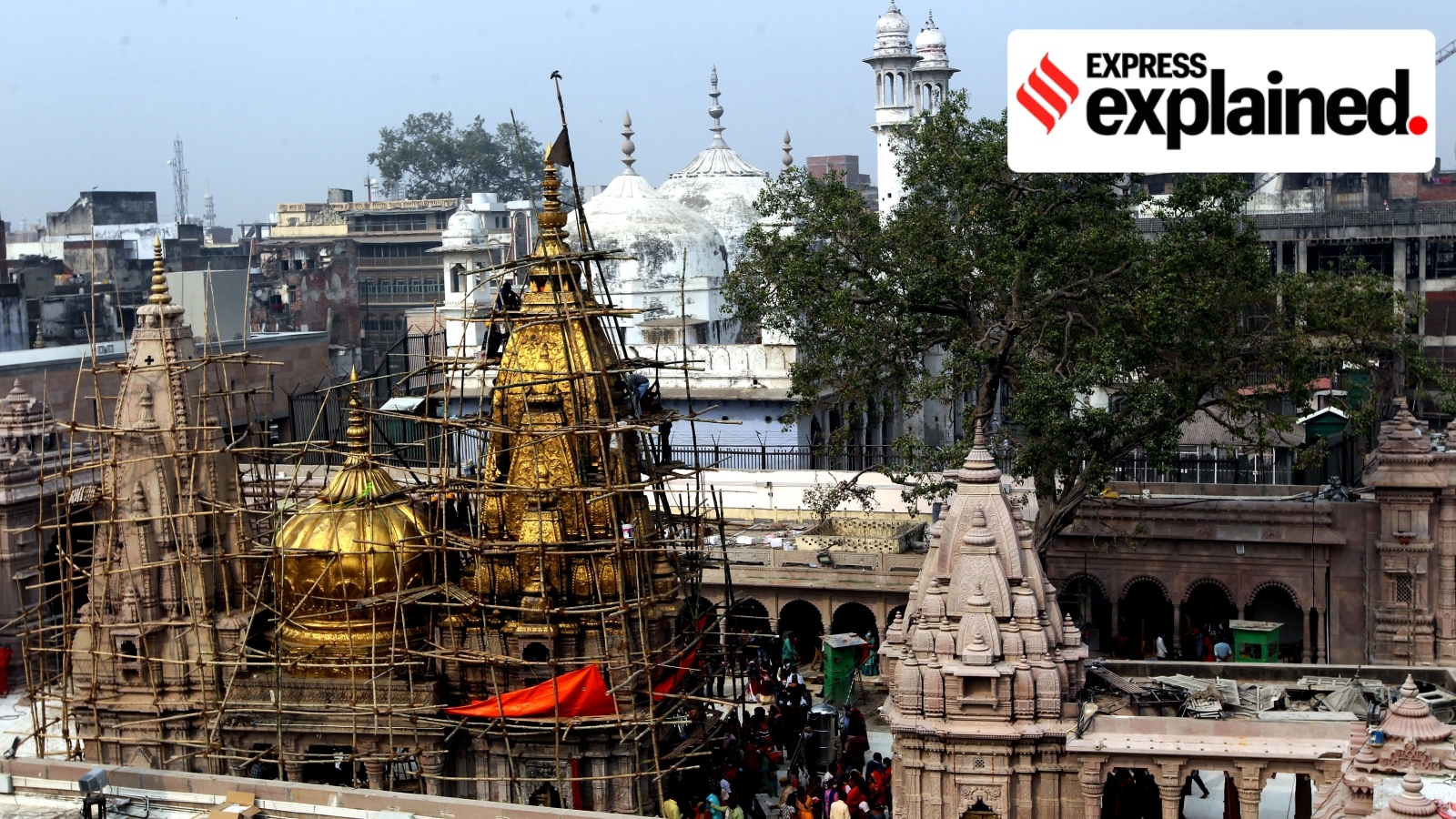 The Kashi Vishwanath Mandir in Varanasi, with the Gyanvapi Masjid next to it.