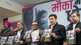 AICC treasurer Ajay Maken and Delhi Congress President Devender Yadav release a booklet against BJP and AAP titled 'Mauka Mauka Har Baar Dhokha', in New Delhi, Wednesday,