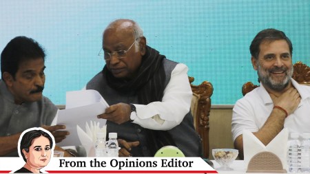 Alappuzha MP K C Venugopal, Congress president Mallikarjun Kharge and Leader of Opposition in Lok Sabha Rahul Gandhi during the CWC meeting. (Express photo by Anil Sharma)