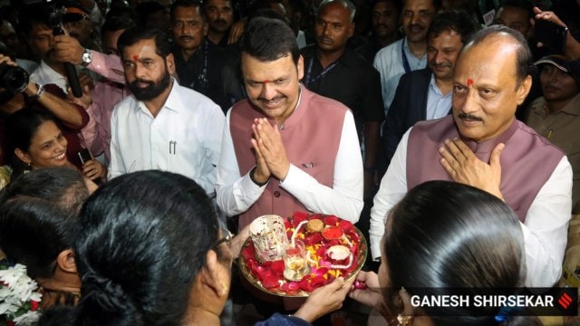 Maharashtra CM Devendra Fadnavis, deputy CMs Eknath Shinde & Ajit Pawar, oath taking ceremony, indian express