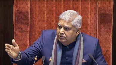 Rajya Sabha Chairman Jagdeep Dhankhar conducts proceedings in the House during the Winter session of Parliament, in New Delhi, on Wednesday. (PTI Photo)