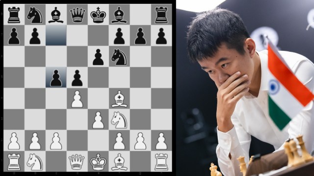 (LEFT) The first few moves from Game 6 of the World Chess Championship, where the London System was played, between Ding Liren and Gukesh; (RIGHT) Ding Liren sneaks a glance at his opponent. (PHOTOs: FIDE/Eng Chin An)