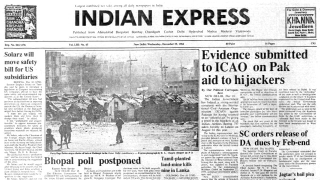 This is the front page of The Indian Express published on December 19, 1984.