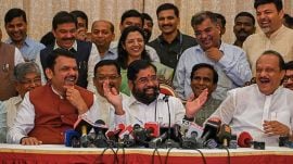 Devendra Fadnavis, Eknath Shinde and Ajit Pawar during a press conference at Raj Bhavan in Mumbai.