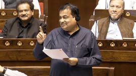 Union Minister Nitin Gadkari speaks in the Rajya Sabha during the Winter session of Parliament, in New Delhi