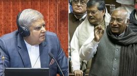 Rajya Sabha Chairman Jagdeep Dhankhar conducts proceedings as LoP and Congress MP Mallikarjun Kharge speaks in the House during the Winter session of Parliament, in New Delhi, on Thursday. (PTI Photo)
