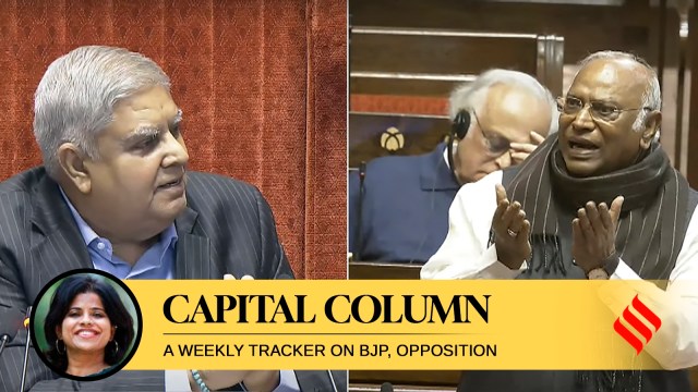 Rajya Sabha Chairman Jagdeep Dhankhar conducts proceedings as Leader of Opposition Mallikarjun Kharge speaks in the House during the Winter session of Parliament. (PTI)