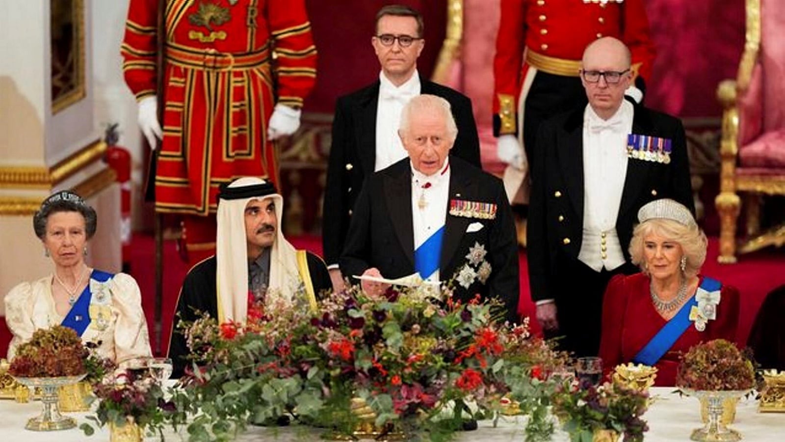 Britain's King Charles III and Queen Camilla with the Emir of Qatar Sheikh Tamim bin Hamad Al Thani and Britain's Princess Anne, Princess Royal, attending a State Banquet at Buckingham Palace, London