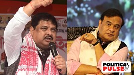 (From left to right) Senior Congress leader Rakibul Hussain, a five-time MLA from Samaguri and Chief Minister Himanta Biswa Sarma