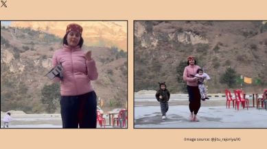 The viral video shows the woman completely absorbed with making a reel video (Image source: @jitu_rajoriya/X)