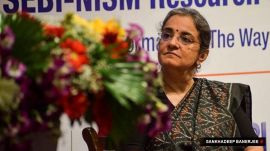 Hindenburg Research alleged that Sebi chief Madhabi Puri Buch (pictured) and her husband had stakes in obscure offshore funds used in the alleged money-siphoning scandal involving the Adani group. (Express File Photo by Sankhadeep Banerjee)