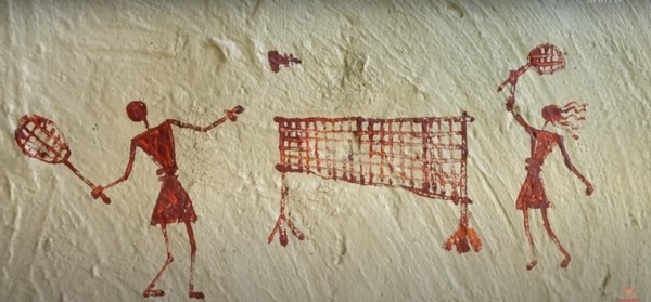 Taapsee's house has a hand painted wall that shows her journey. Here. she is with her husband Mathias playing badminton. (Photo: Asian Paints/YouTube)
