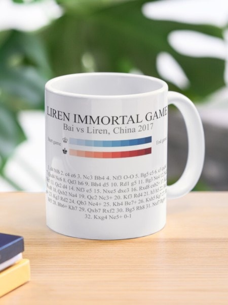 Ding Liren's immortal game coffee mugs as seen on Redbubble, under Spanish artist Marti Rubio. 