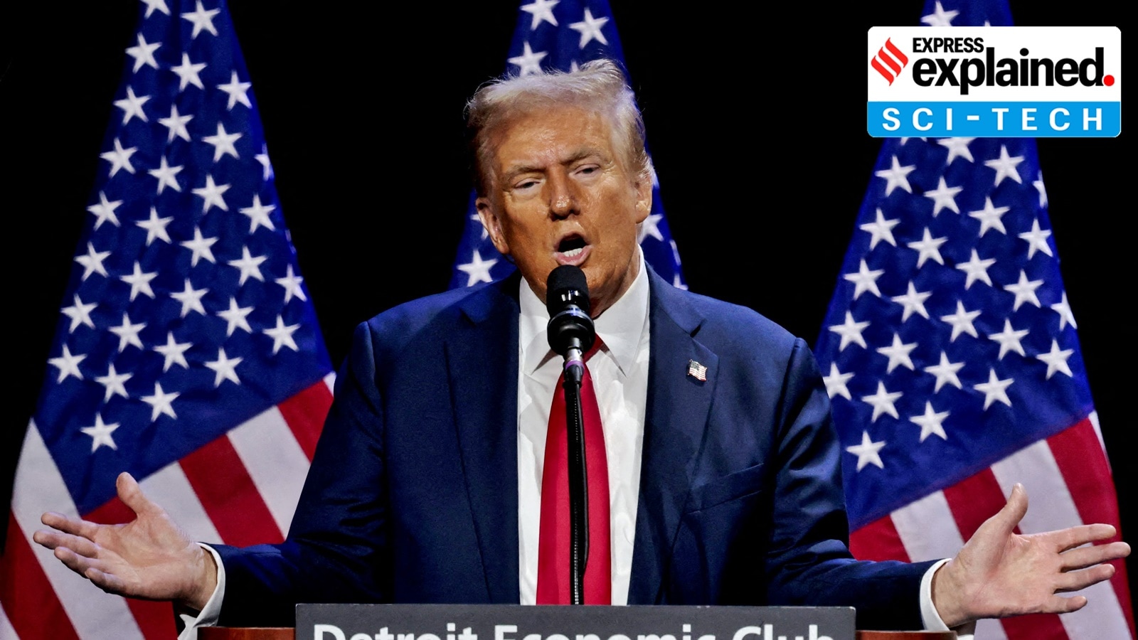 U.S. President-elect Donald Trump addresses the Detroit Economic Club in Detroit, Michigan, U.S., October 10, 2024.
