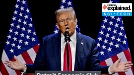 U.S. President-elect Donald Trump addresses the Detroit Economic Club in Detroit, Michigan, U.S., October 10, 2024.