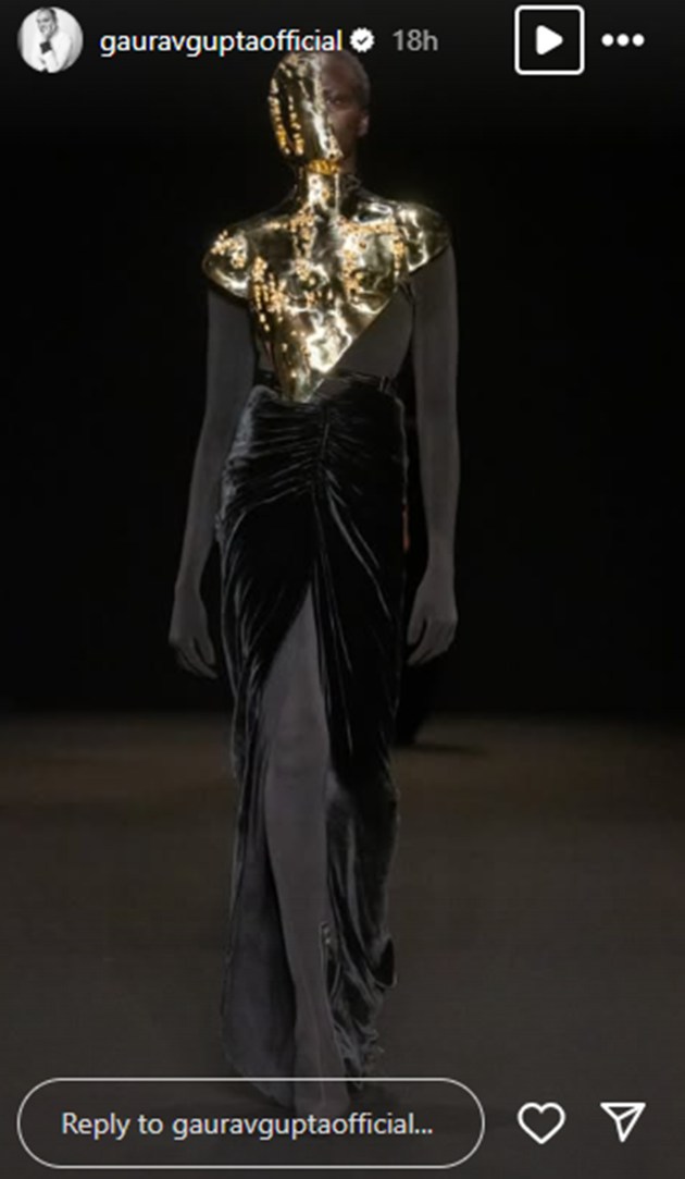 For this collection, Navkirat served as Gupta’s muse, even opening the show. In a moving video shared on his official page, the designer revealed that during the accident, 55% of Sodhi's body suffered burns. (Source: Gaurav Gupta/Instagram)