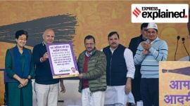 Delhi polls 2025: Among a slew of schemes, AAP has announced has announced monthly financial assistance of Rs 2,100 for non-tax-paying women in Delhi if re-elected. Left to right - Atishi, Manish Sisodia, Arvind Kejriwal and other party leaders. Sisodia and Kejriwal are seen holding up the party's manifesto document
