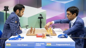 Arjun Erigaisi takes on Praggnanandhaa in the third round of the Tata Steel Chess Tournament at Wijk aan Zee. (PHOTO: Tata Steel Chess via Jurriaan Hoefsmit)