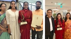 (LEFT) Arjuna Award winner Thulasimathi Murugesan with her sister Kiruttigha, father Murugesan and mother Viji. (RIGHT) Vantika Agrawal with her parents. (Express Photo/Nihal Koshie)