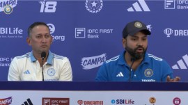 India captain Rohit Sharma (right) and Chairman of selection committee Ajit Agarkar is addressing the press conference on Saturday.