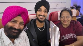 Arshdeep Singh with his parents Darshan Singh Aulakh and Baljit Kaur after winning the T20 World Cup.