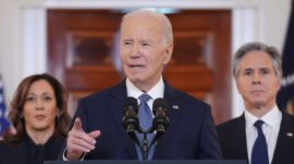 President Joe Biden, center, with Vice President Kamala Harris, left, and Sec. of State Anthony Blinken, right, speaks in the Cross Hall of the White House on the announcement of a ceasefire deal in Gaza and the release of dozens of hostages after more than 15 months of war, Wednesday, Jan. 15, 2025, in Washington. (AP Photo/Evan Vucci)