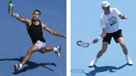 Carlos Alcaraz (left) and Jannik Sinner train ahead of the first Grand Slam of the year, the Australian Open. (AP Photos)