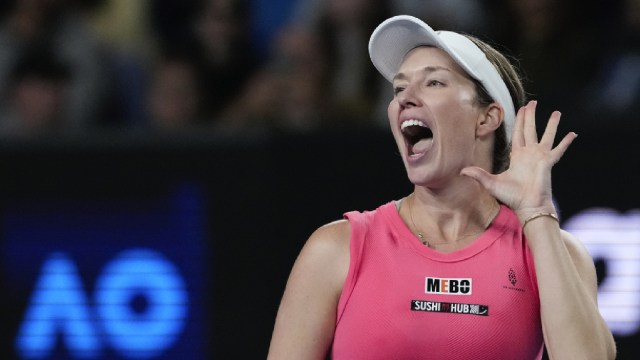 Danielle Collins of the U.S. reacts after defeating Destanee Aiava of Australia in their second round match at the Australian Open tennis championship in Melbourne, Australia, Thursday, Jan. 16, 2025. (AP Photo)