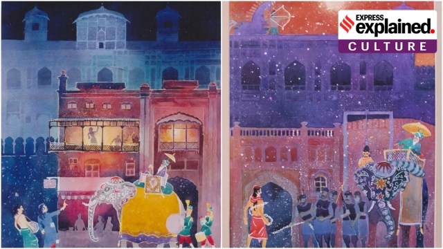 A pictorial depiction of the legend of Madho Lal Hussain and Dulla Bhatti, the Punjabi folk hero who led a revolt against the Mughal emperor Akbar, (right) the chains holding Hussain vanish even as Dulha Bhatti is executed.