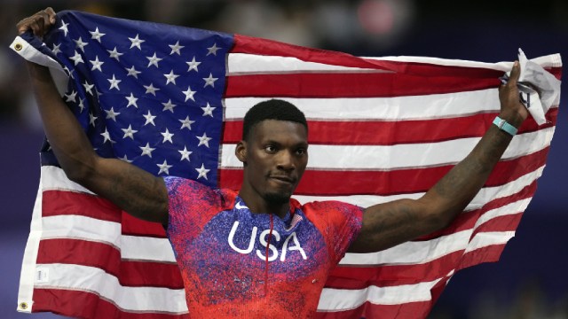 Fred Kerley, of the United States, poses after winning the bronze medal in the men's 100 meters final at the 2024 Summer Olympics, Sunday, Aug. 4, 2024, in Saint-Denis, France. (AP Photo)