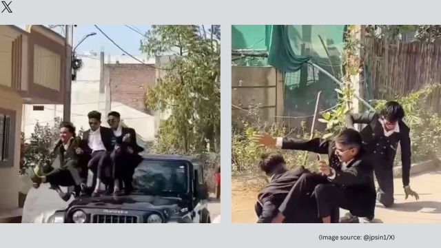 Several vehicles with students hanging outside the window follow the SUV's convoy (Image source: @jpsin1/X)