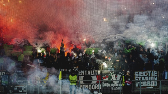 Fans of Feyenoord airy  flares during the Europa League Group F shot    lucifer  betwixt  Sturm Graz and Feyenoord astatine  the Merkur Arena successful  Graz, Austria, Thursday. (AP Photo)