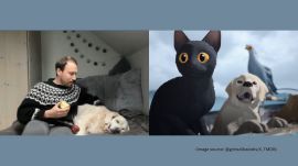 Latvian director Gints Zilbalodis and his dog reacting to Oscar nominations for the movie Flow