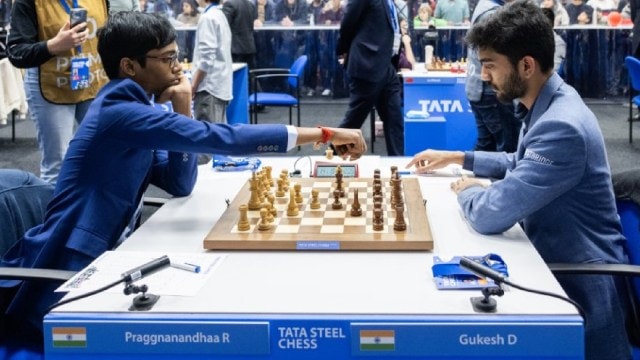 Gukesh and Praggnanandhaa face off in round 8 of the Tata Steel Chess tournament in Wijk aan Zee. (PHOTO: Jurriaan Hoefsmit via Tata Steel Chess)