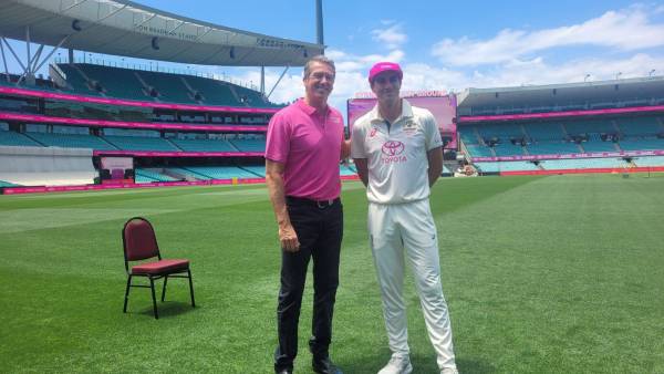 Australian captain Pat Cummins with cricket legend Glenn McGrath ahead of the fifth India vs Australia Test in Sydney. Express Photo