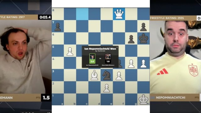 Hans Niemann and Ian Nepomniachtchi react after the American grandmaster blundered and lost in the next move. (Screengrabs via Chess.com)